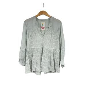 Johnny Was Light Green Embroidered Button Up Swing Top Womens Large